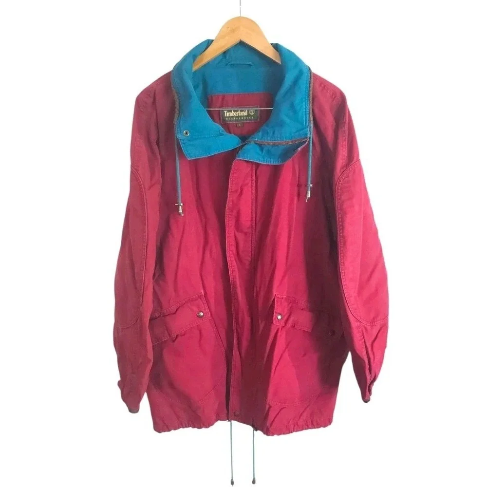 VTG 90s Timberland Canvas Reversible‎ Barn Jacket Red Blue Field Chore Coat Sz L